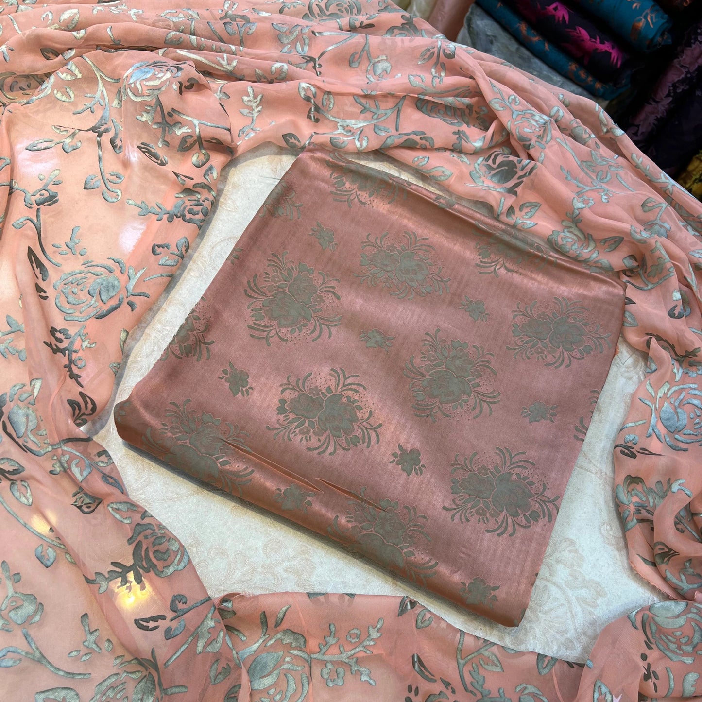 Dusty Rose Floral Ambose Silk 3 Piece Unstitched Suit