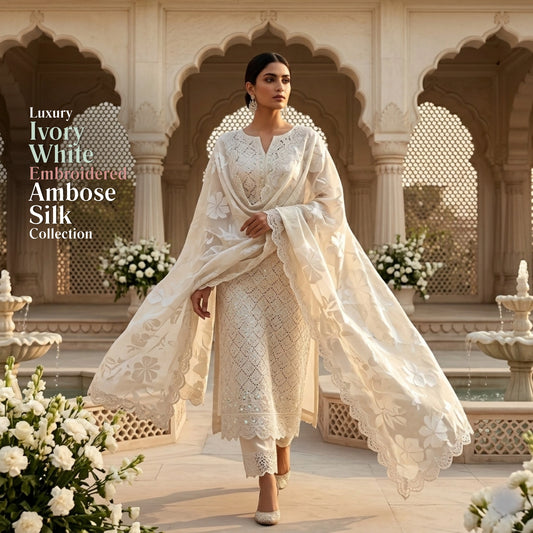 Ivory White Unstitched Embroidered Ambose Silk 3 Piece Suit