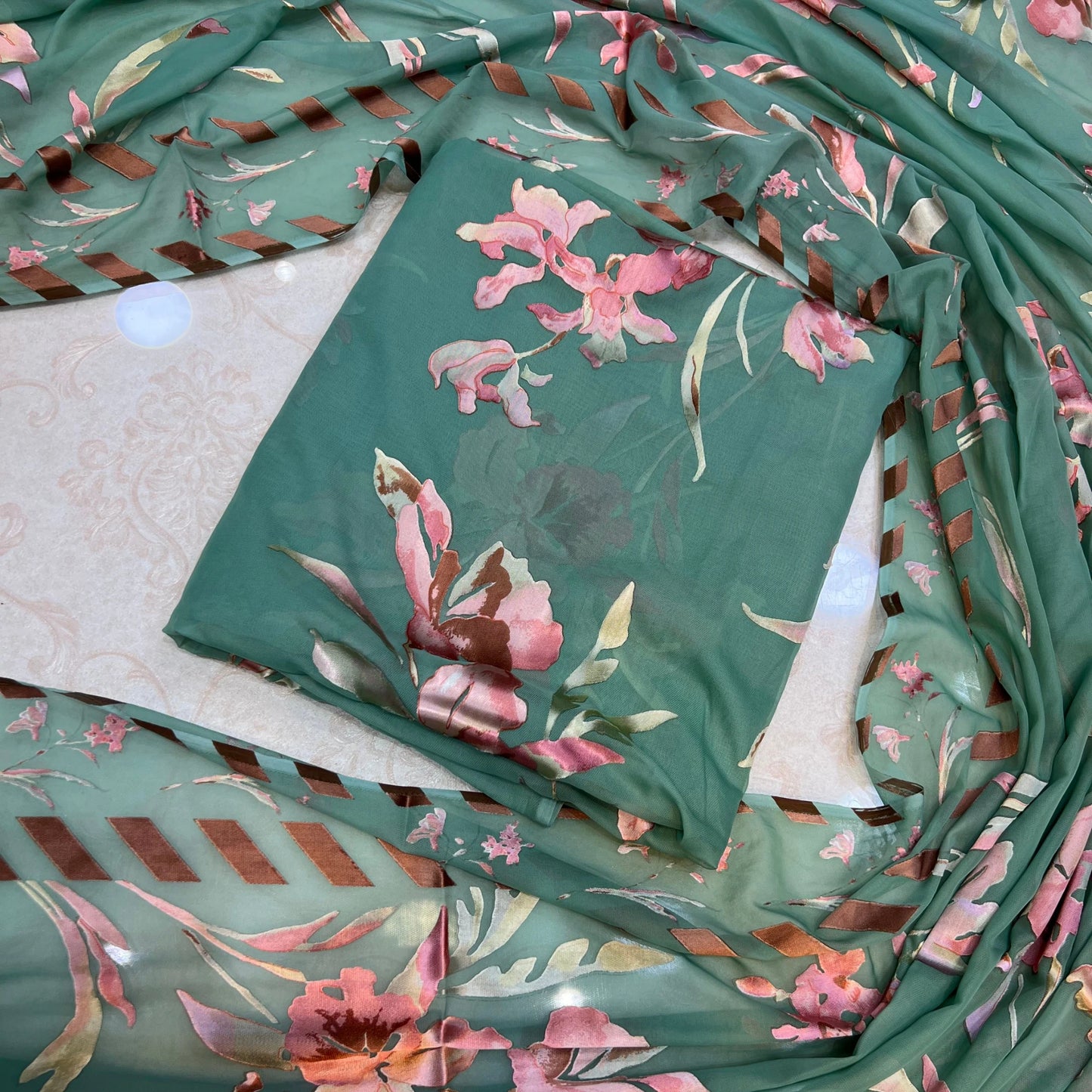 Sea Green Floral Barosha Silk 3 Piece Unstitched Suit