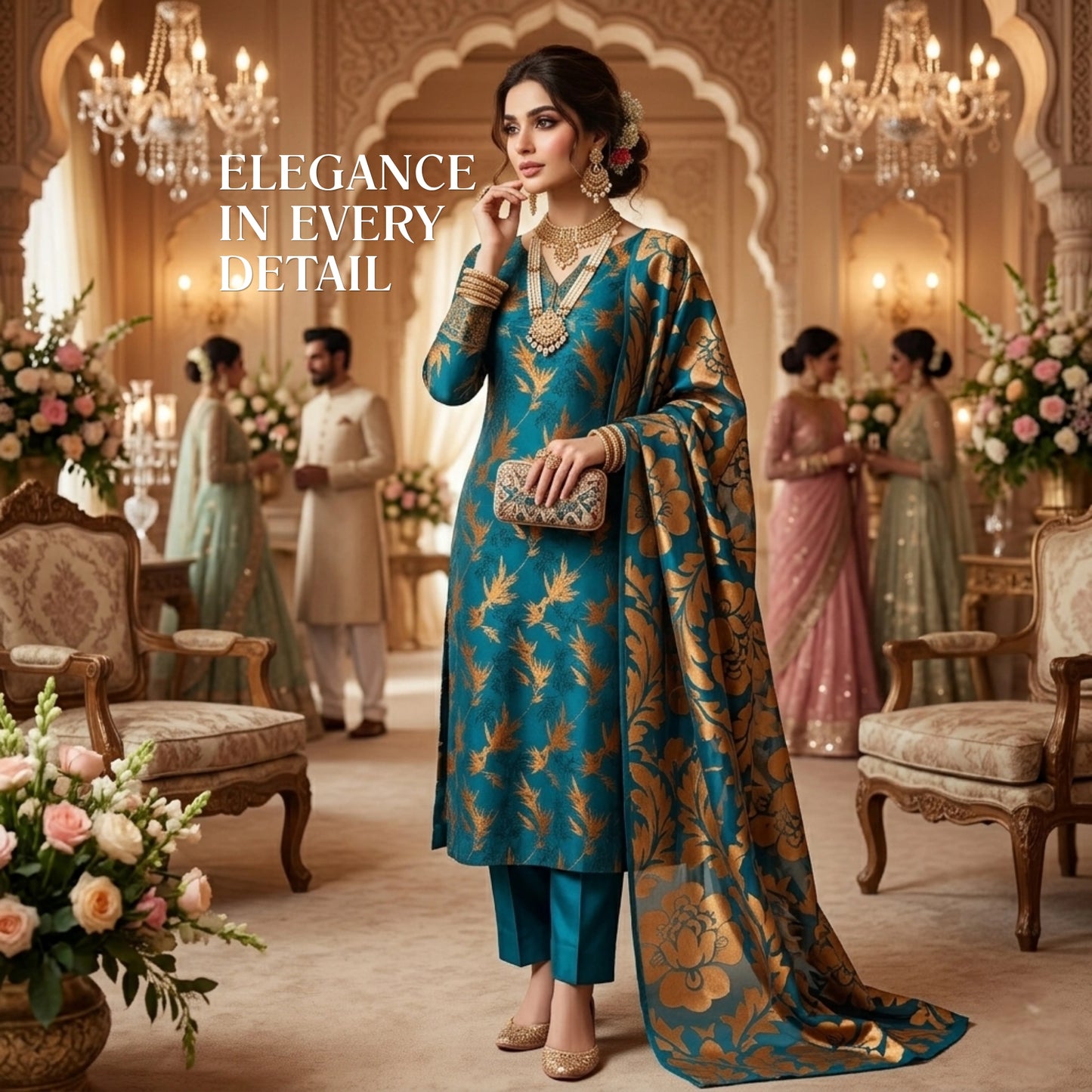 Teal Blue & Antique Gold Pure China Pati Silk 3 Piece Unstitched Suit