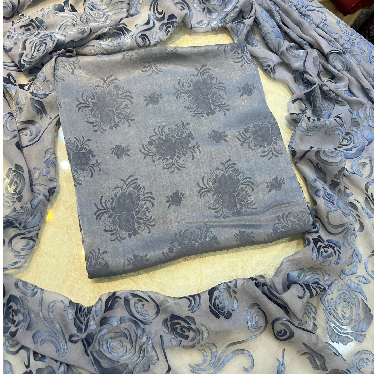 Steel Blue Floral Ambose Silk 3 Piece Unstitched Suit