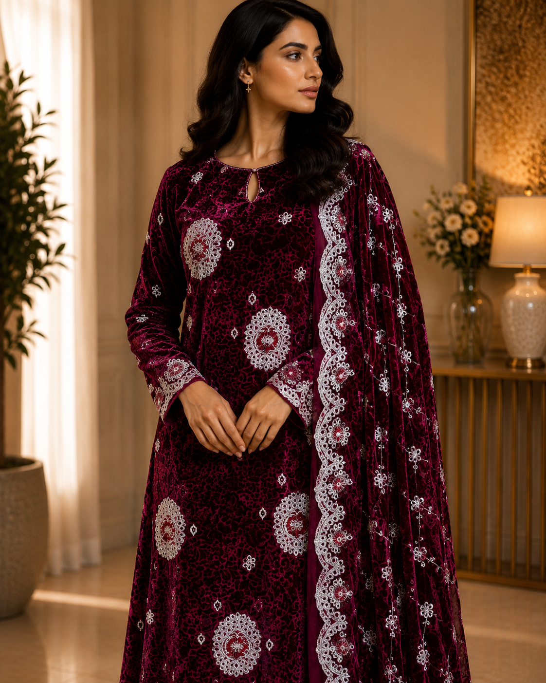 Maroon Embroidered Palachi 3 Piece Unstitched Suit
