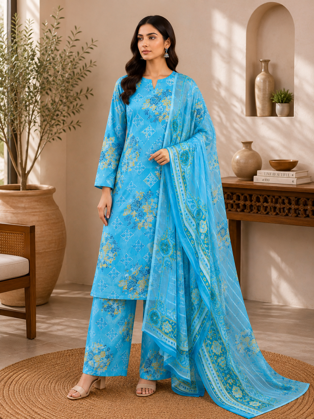 3 Piece Unstitched Barosha Silk Suit – Aqua Sky Blossom