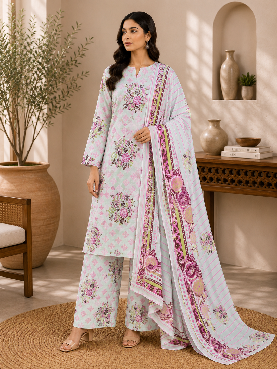 3 Piece Unstitched Barosha Silk Suit – Blush Mint Blossom