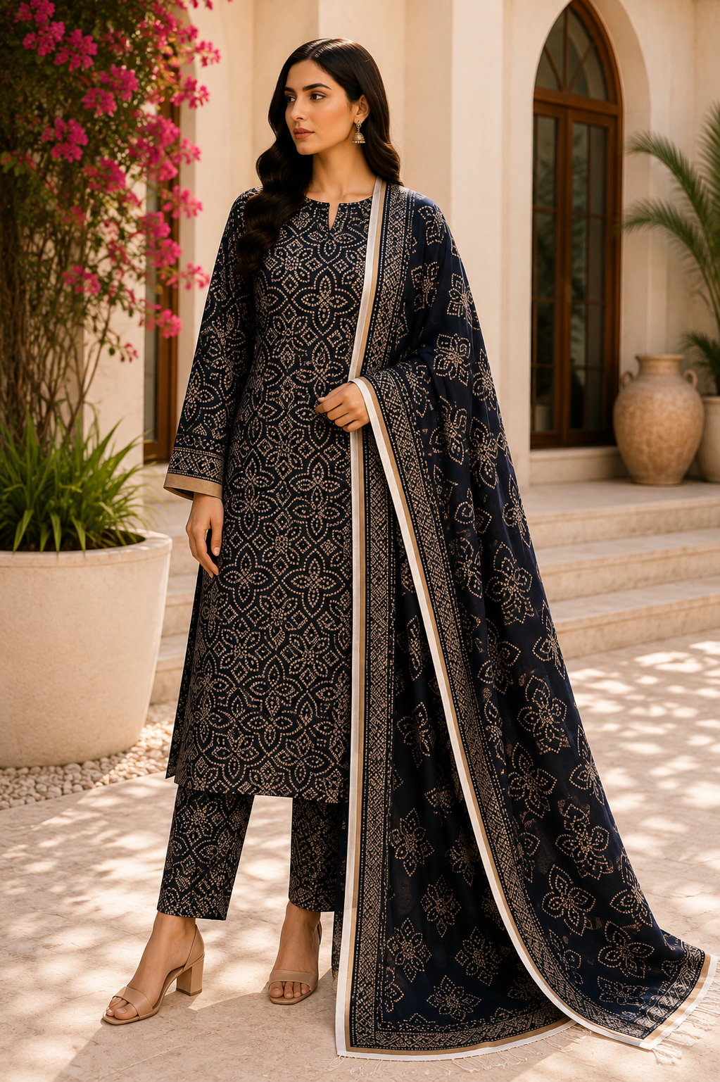 3 Piece Unstitched Printed Marina Suit – Classic Monochrome