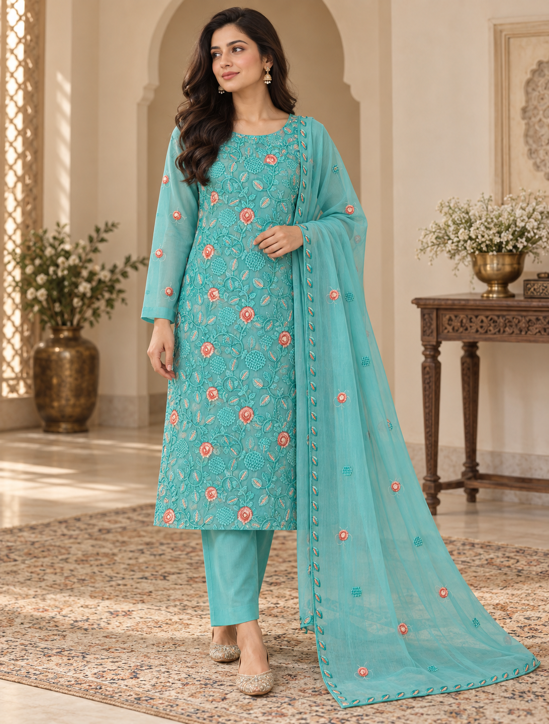 Aqua Blue Coral Pink Floral Embroidered Chiffon 3 Piece Unstitched Suit