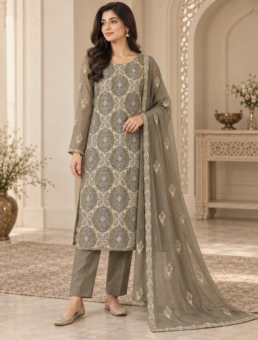 Olive Grey Embroidered Chiffon 3 Piece Unstitched Suit