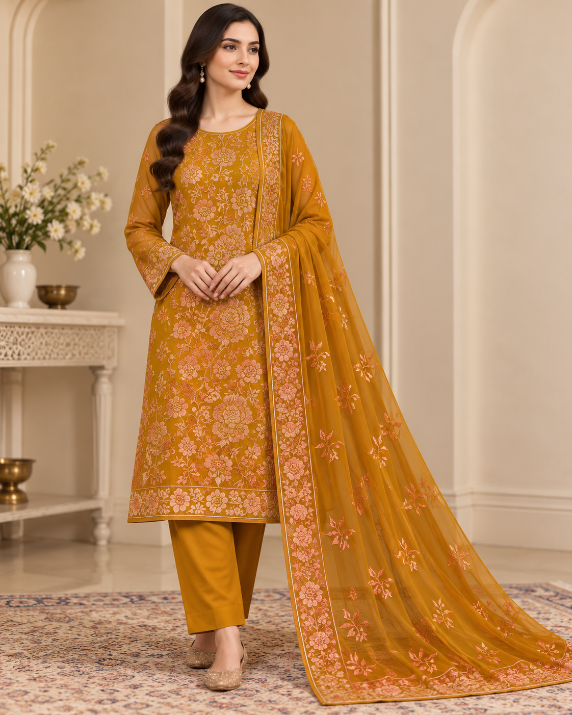 Mustard Orange Peach Floral Embroidered Chiffon 3 Piece Unstitched Suit