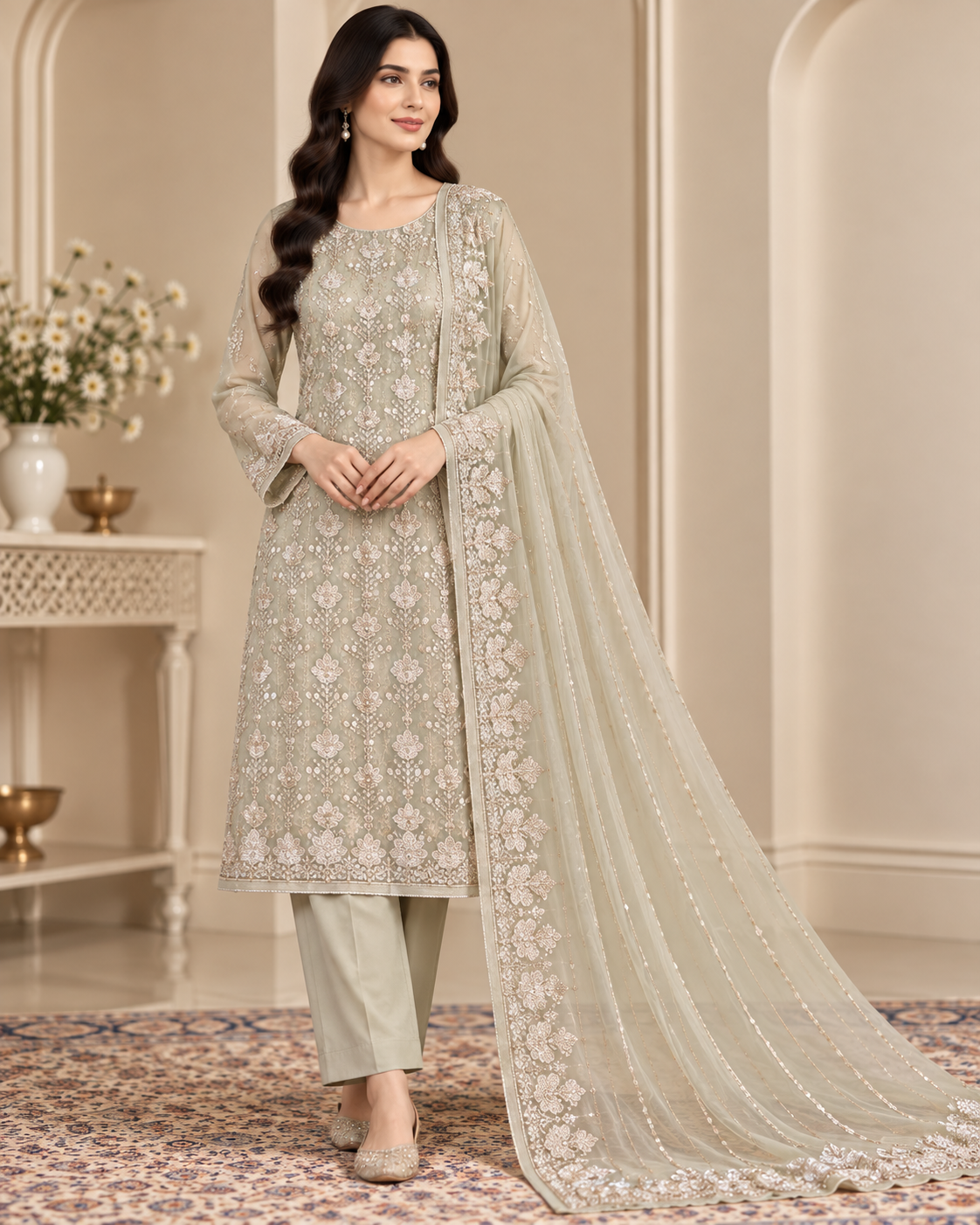 Champagne Beige Golden Floral Embroidered Chiffon 3 Piece Unstitched Suit