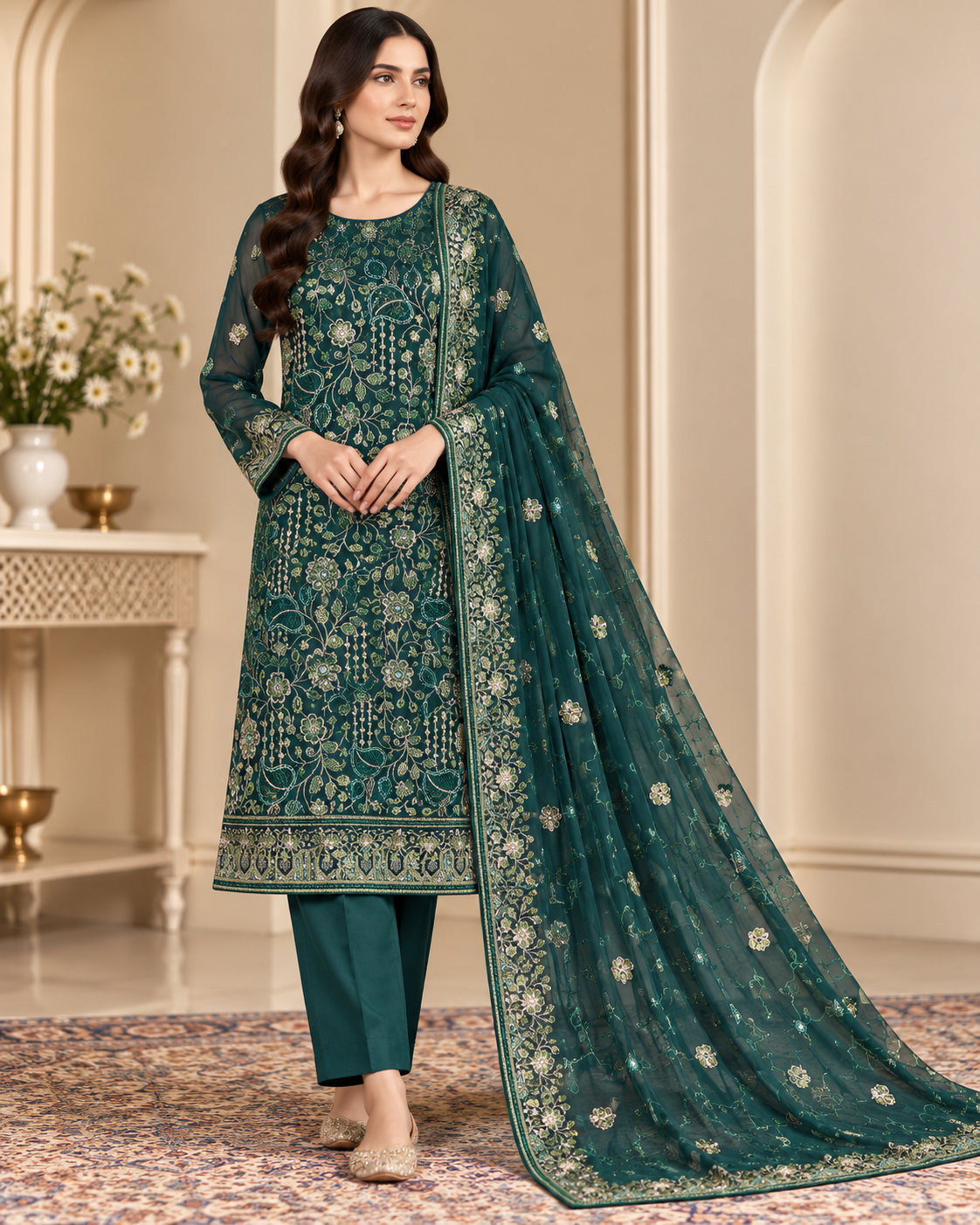 Deep Emerald Green Golden Floral Embroidered Chiffon 3 Piece Unstitched Suit