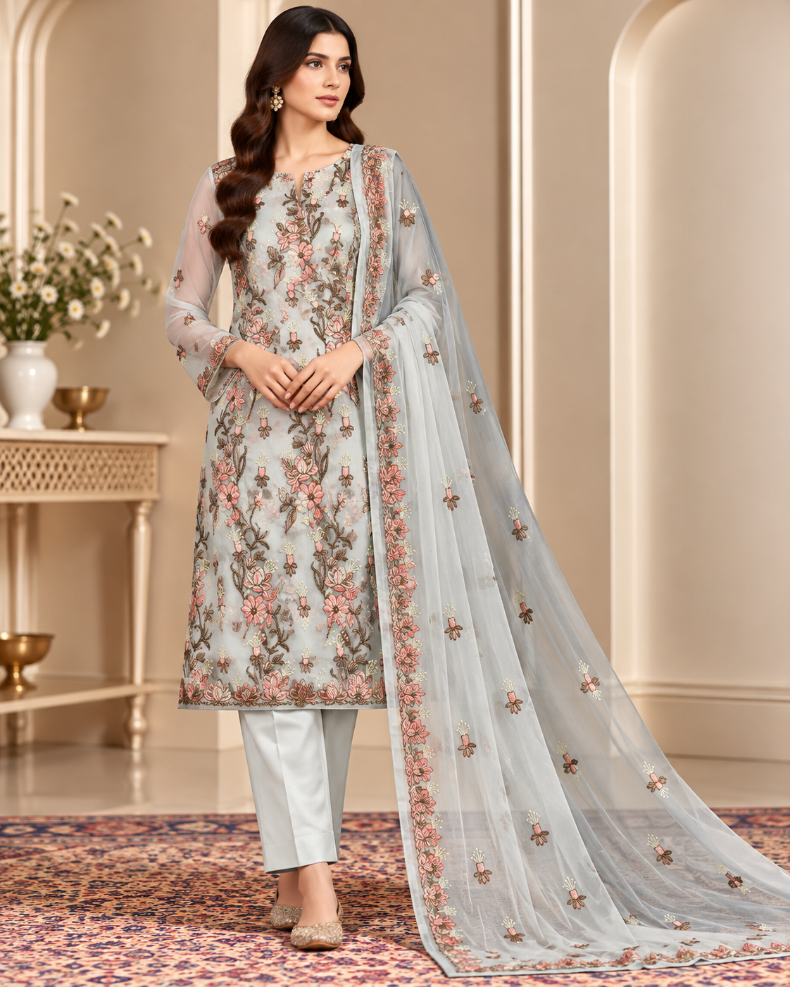 Ivory White Peach Pink Floral Embroidered Chiffon 3 Piece Unstitched Suit