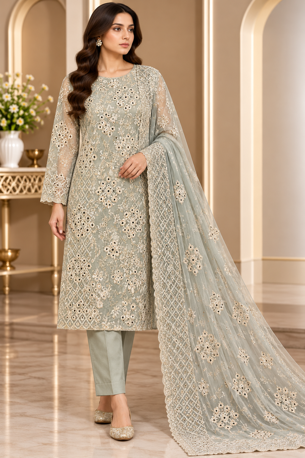 Sage Grey Ivory Mirror Work Embroidered Khadi Net Measuri 3 Piece Unstitched Suit