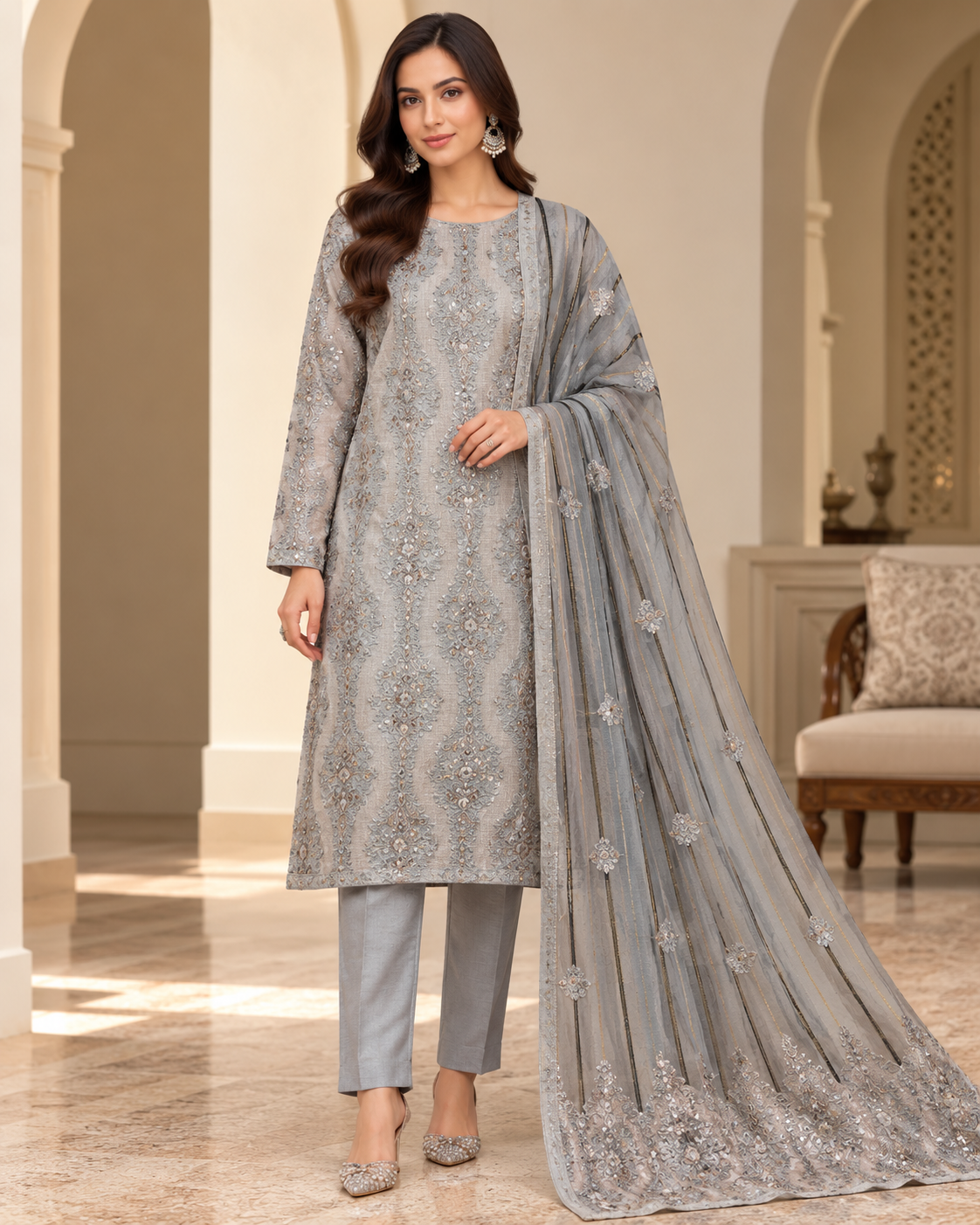 Steel Grey Silver Embroidered Khadi Net Measuri 3 Piece Unstitched Suit