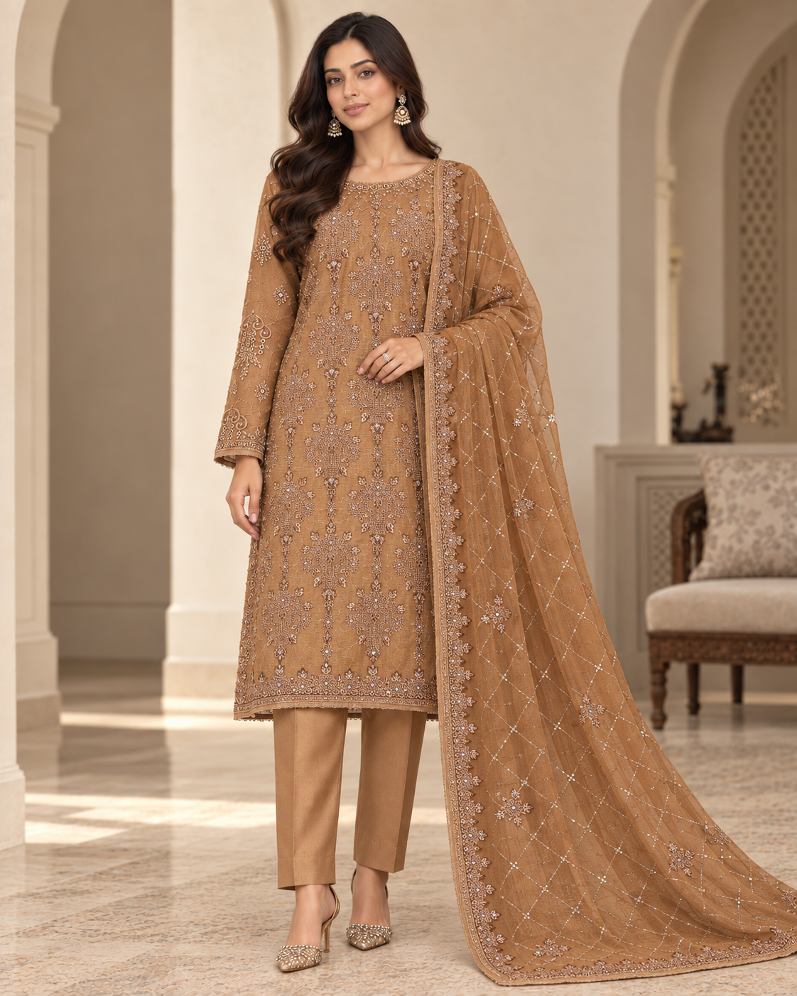 Caramel Brown Rose Gold Embroidered Khadi Net Measuri 3 Piece Unstitched Suit