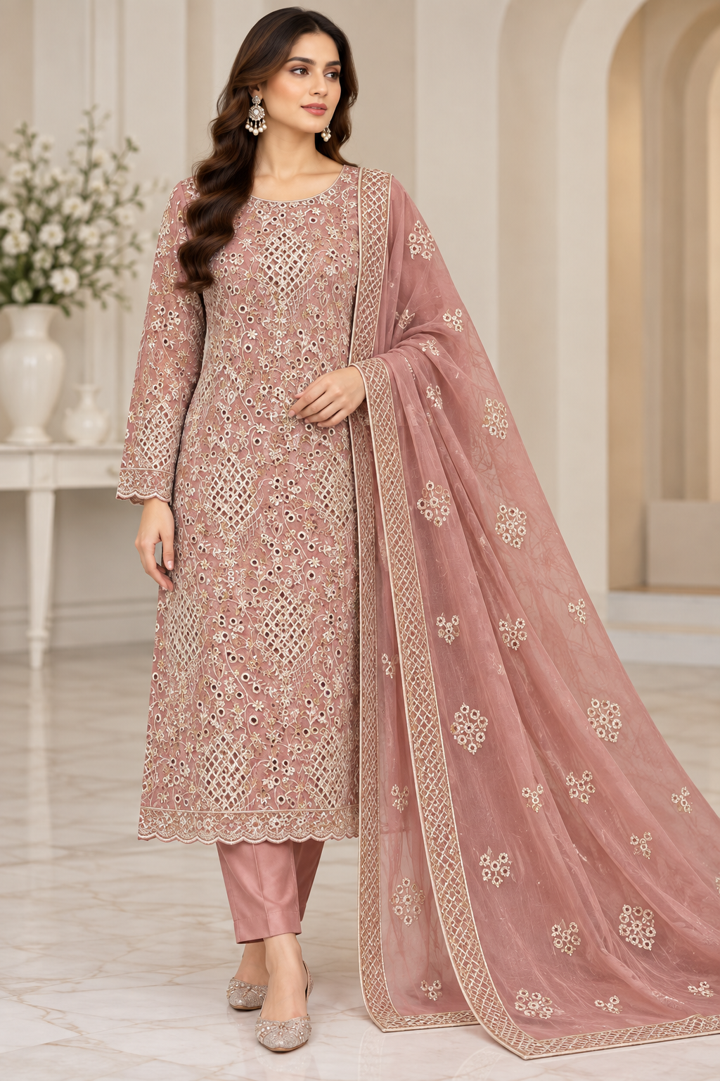 Dusty Rose Ivory Embroidered Khadi Net Measuri 3 Piece Unstitched Suit