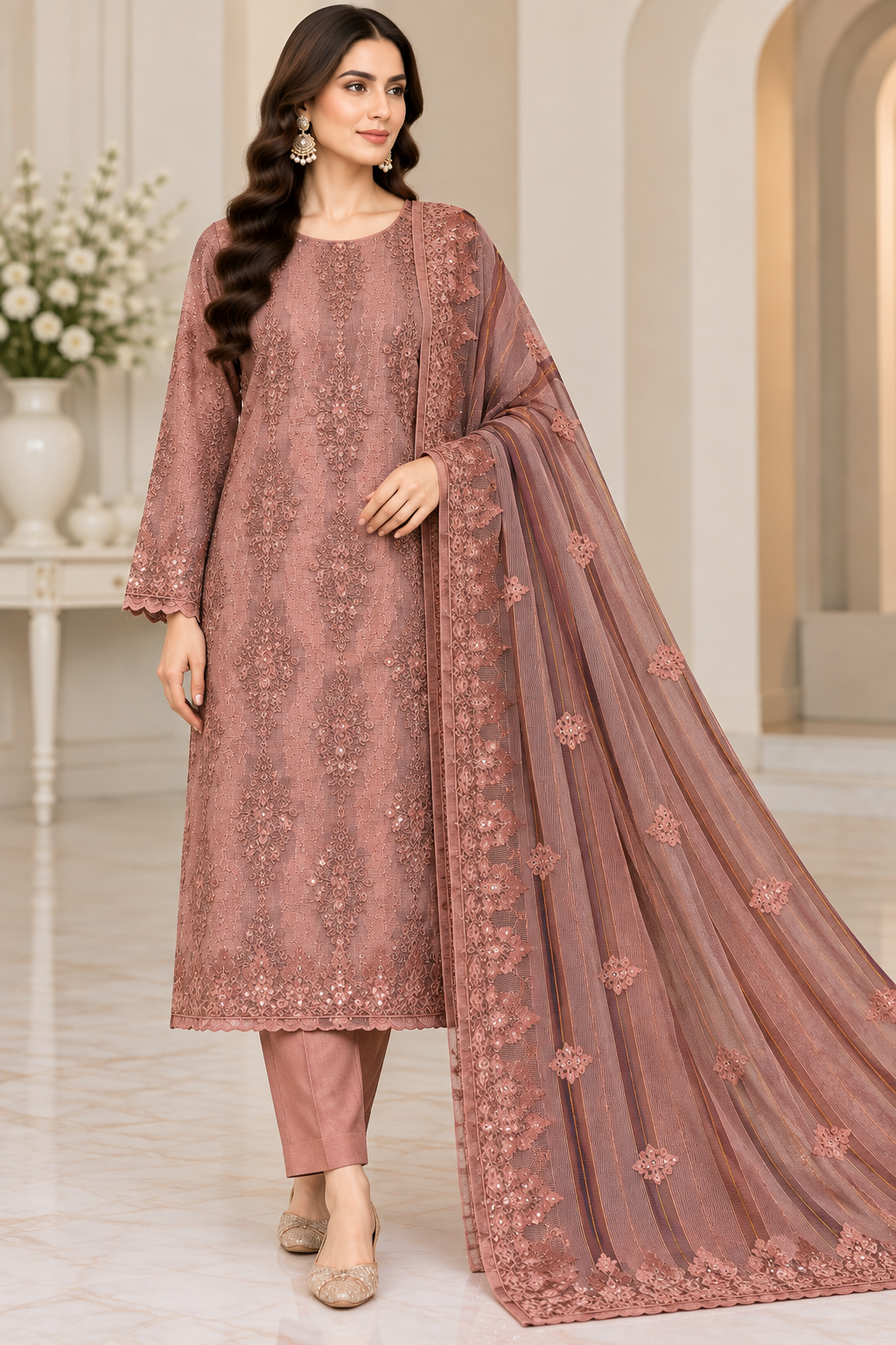 Dusty Rose Embroidered Khadi Net Measuri 3 Piece Unstitched Suit