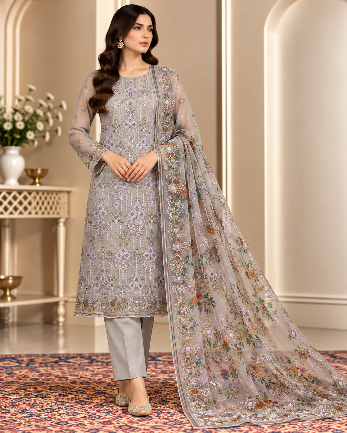 Dusty Lilac Pink Mirror Work Embroidered Khadi Net Measuri 3 Piece Unstitched Suit