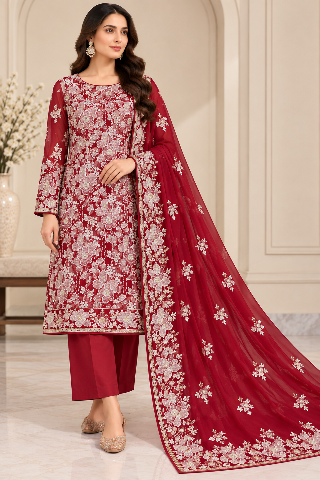 Crimson Red Floral Embroidered Chiffon 3 Piece Unstitched Suit