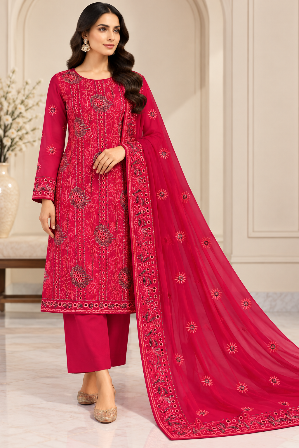 Vibrant Red Embroidered Chiffon 3 Piece Unstitched Suit