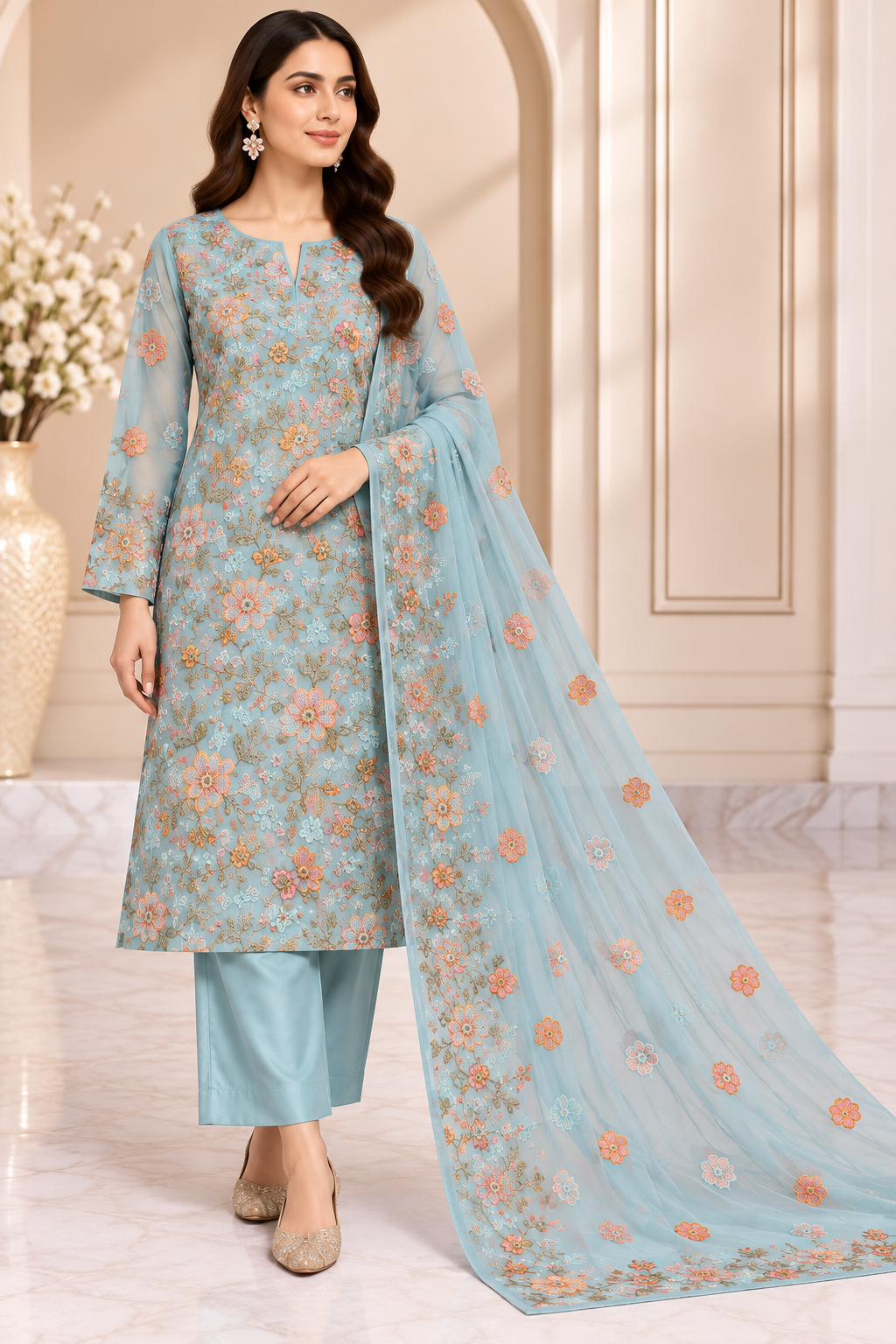 Powder Blue Floral Embroidered Chiffon 3 Piece Unstitched Suit