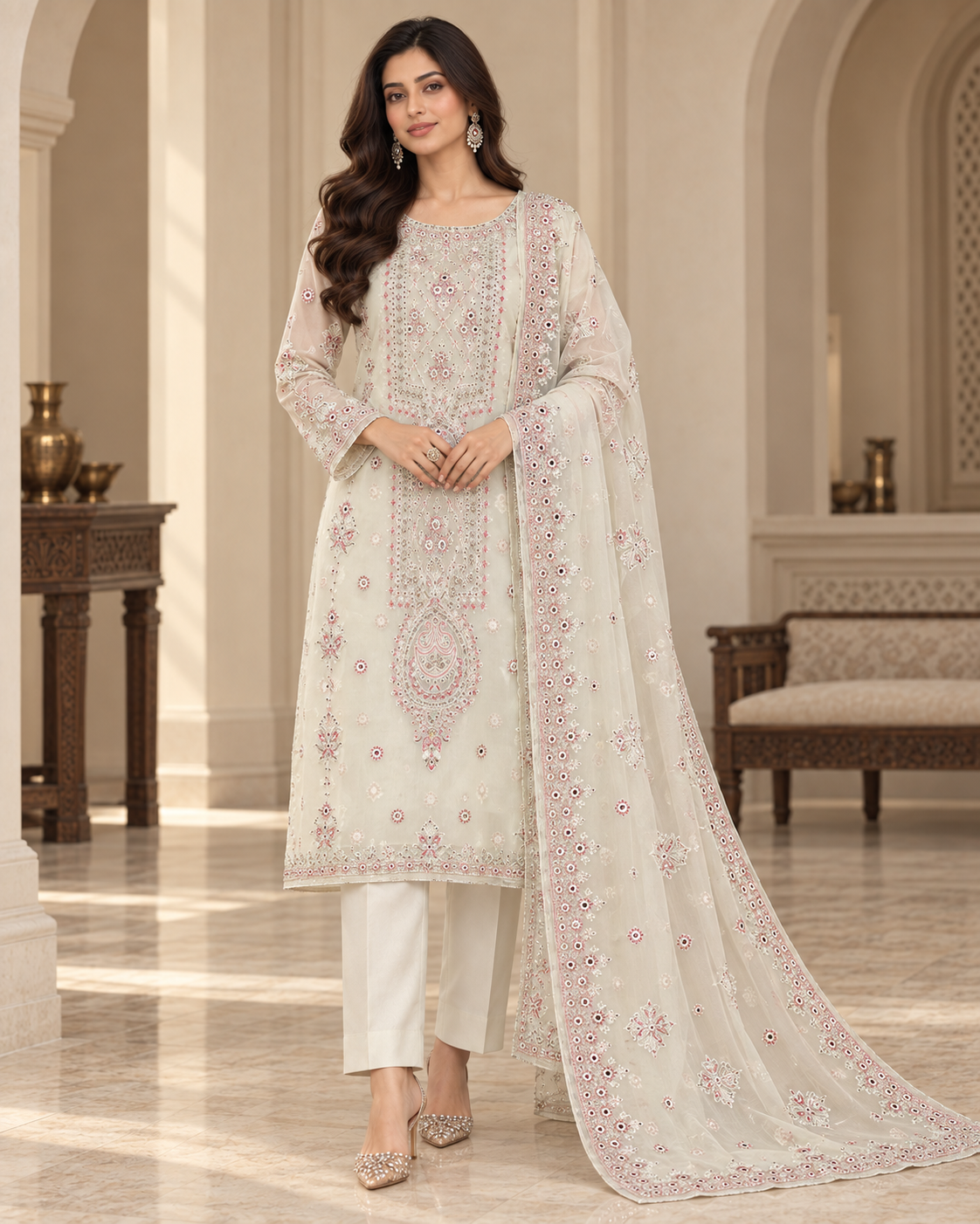 Ivory Embroidered Chiffon 3 Piece Unstitched Suit