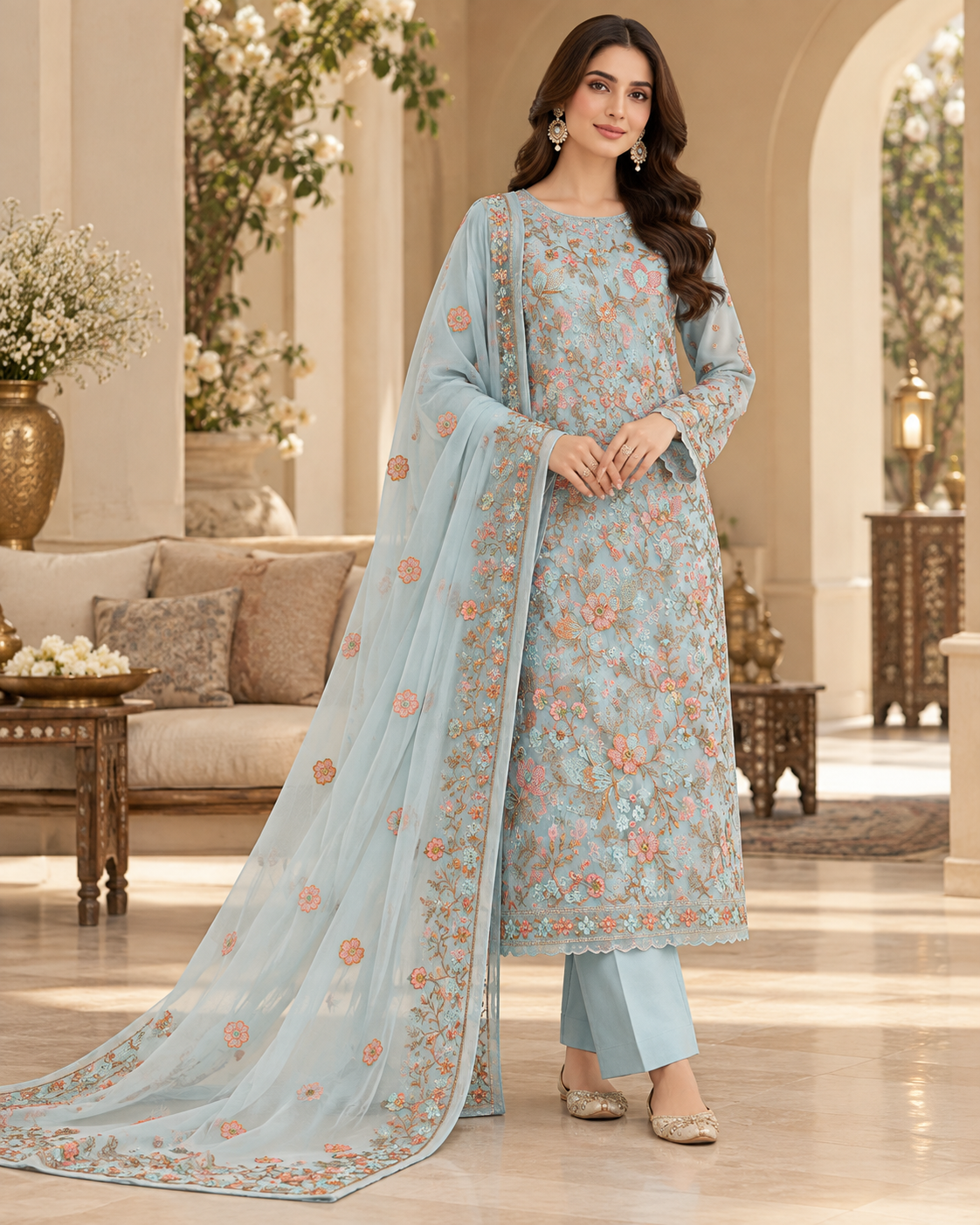 Sky Blue Floral Embroidered Chiffon 3 Piece Unstitched Suit
