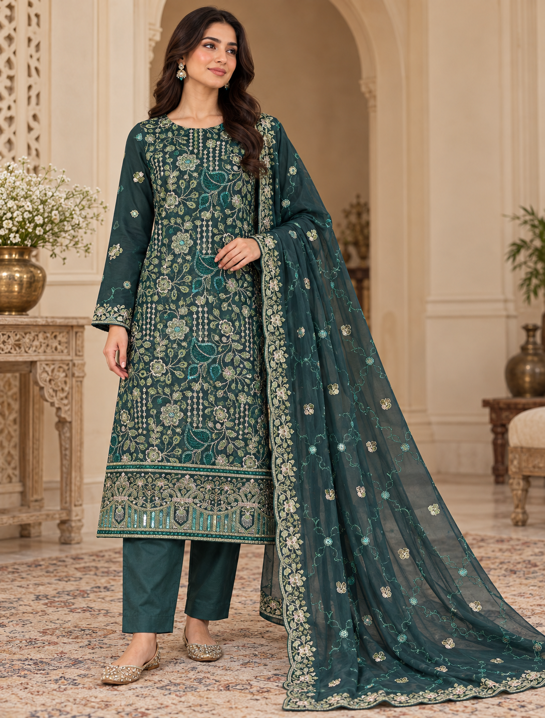 Deep Teal Green Embroidered Chiffon 3 Piece Unstitched Suit