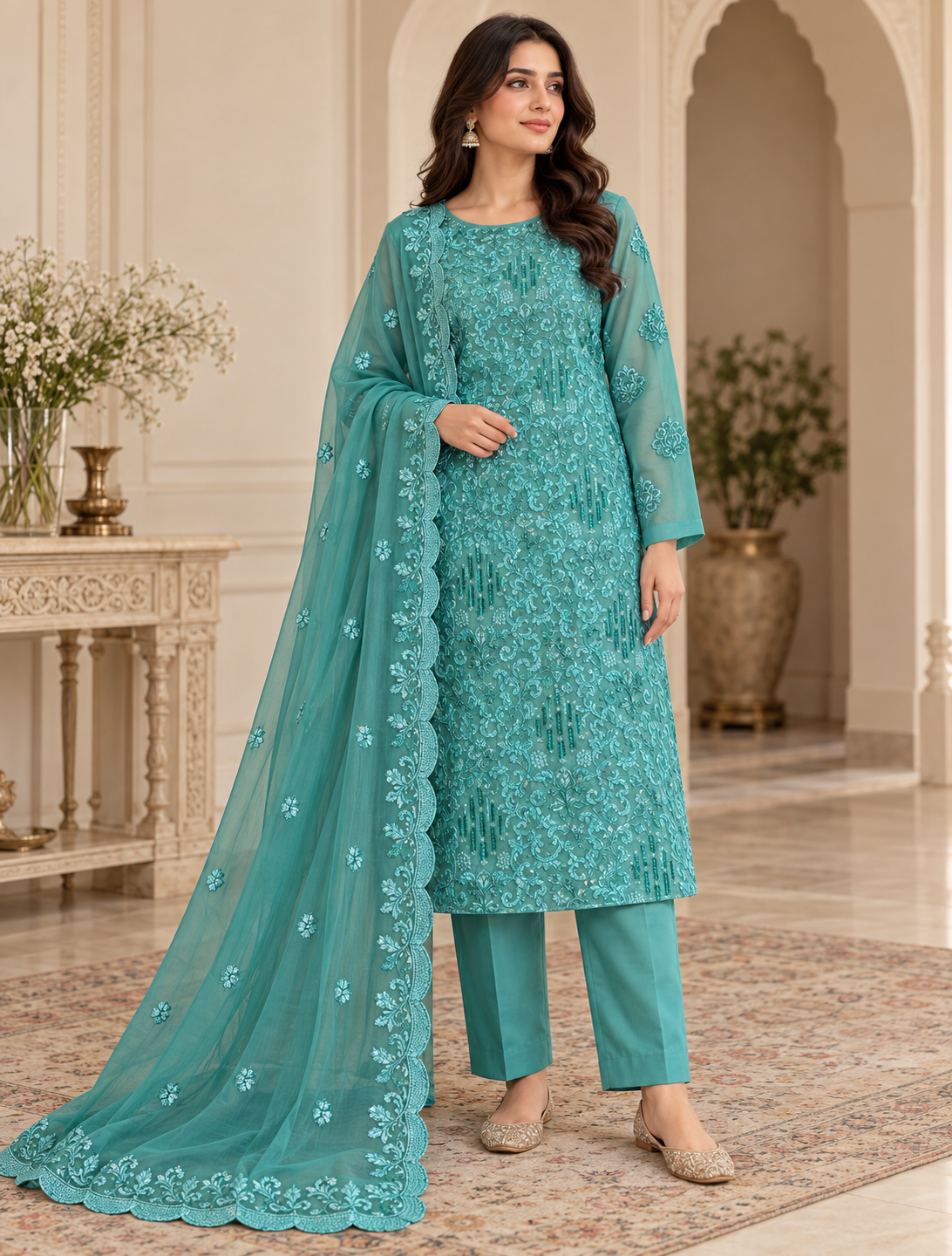 Turquoise Embroidered Chiffon 3 Piece Unstitched Suit