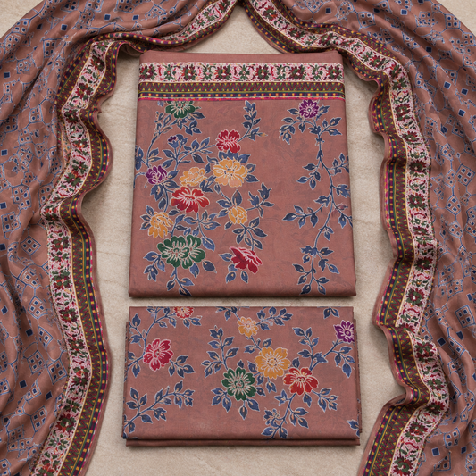 3 Piece Unstitched Barosha Silk Suit – Dusty Rose Garden