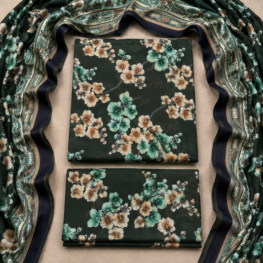 3 Piece Unstitched Barosha Silk Suit – Emerald Forest Floral