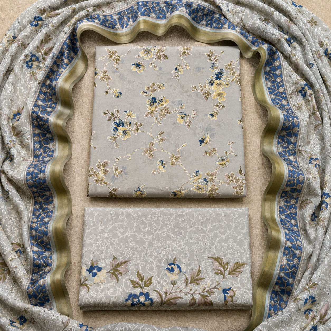 3 Piece Unstitched Barosha Silk Suit – Misty Ice Blue Floral