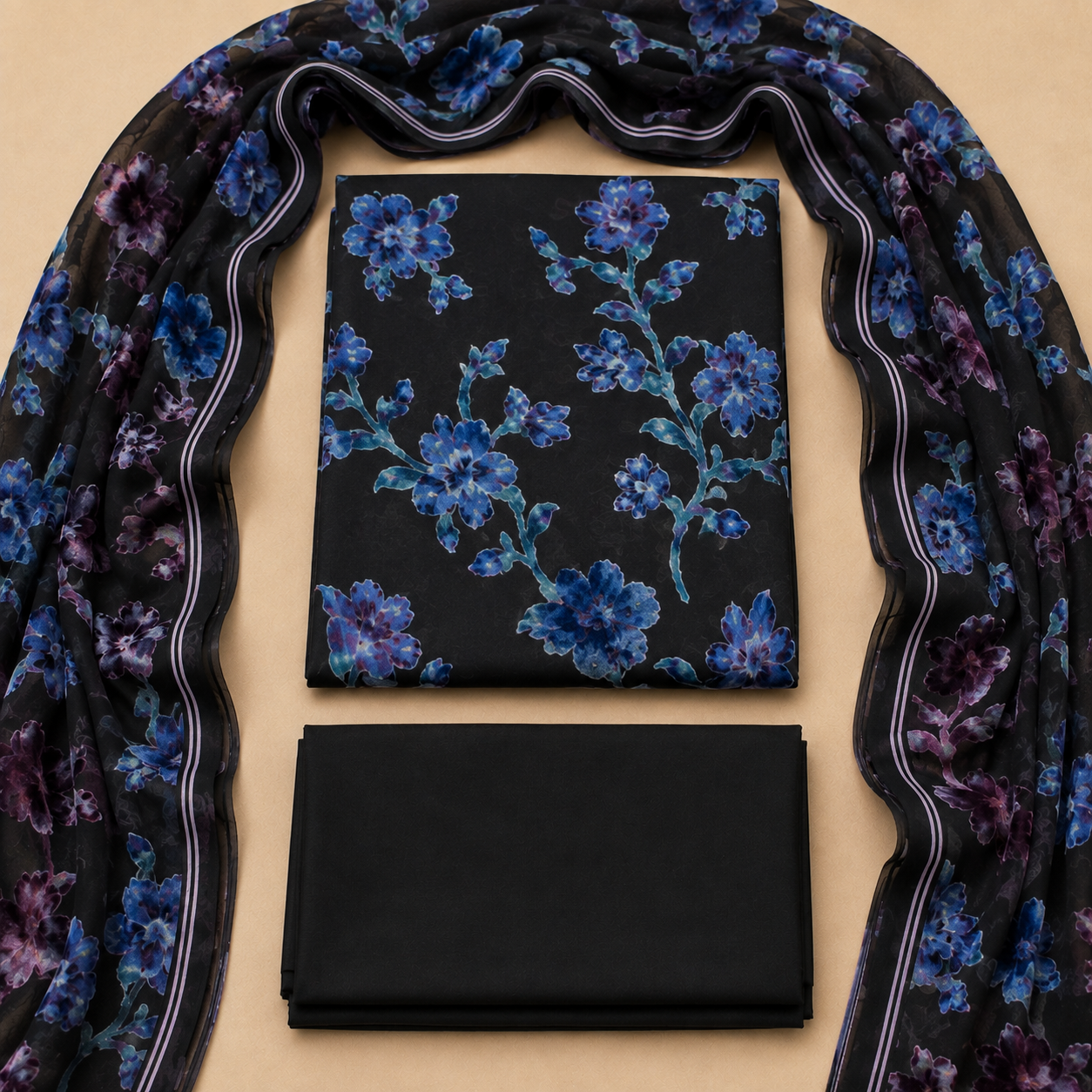 Black and Royal Blue Floral Palachi 3 Piece Unstitched Suit