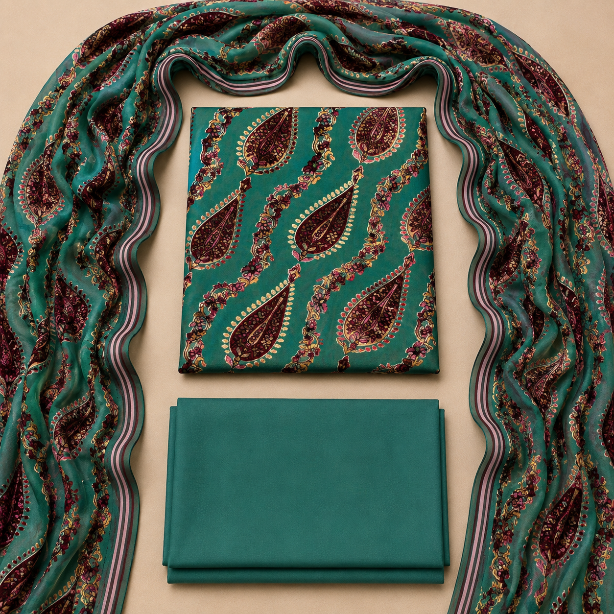 Teal Green Printed Palachi 3 Piece Unstitched Suit