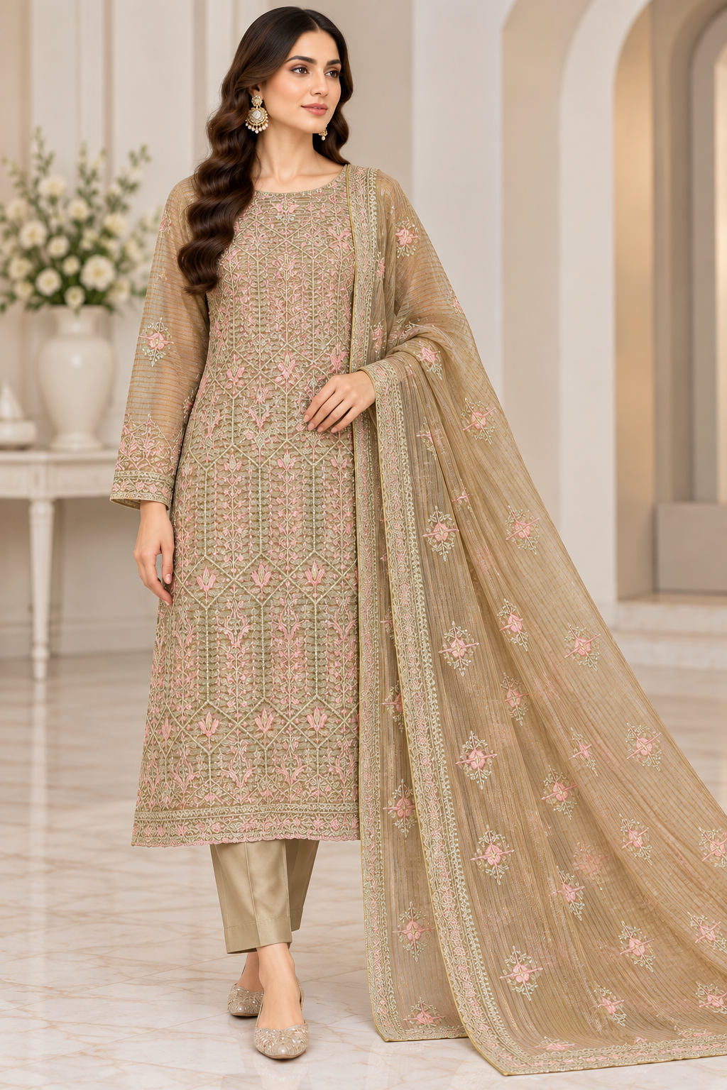 Antique Olive Gold Pink Embroidered Khadi Net Measuri 3 Piece Unstitched Suit