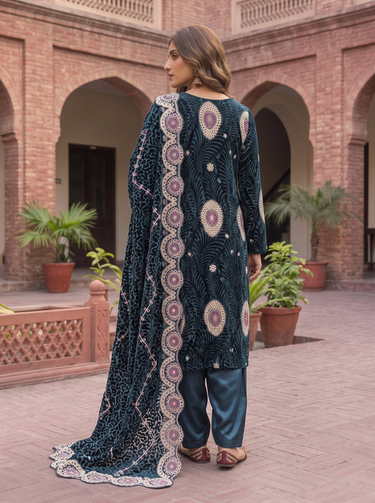 Deep Slate-Teal Embroidered 3 Piece Unstitched Suit | Luxury Formal Wear