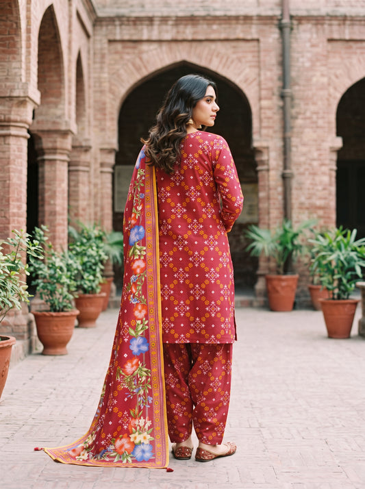 Deep Red Printed Viscose 3-Piece Unstitched Suit | Sale