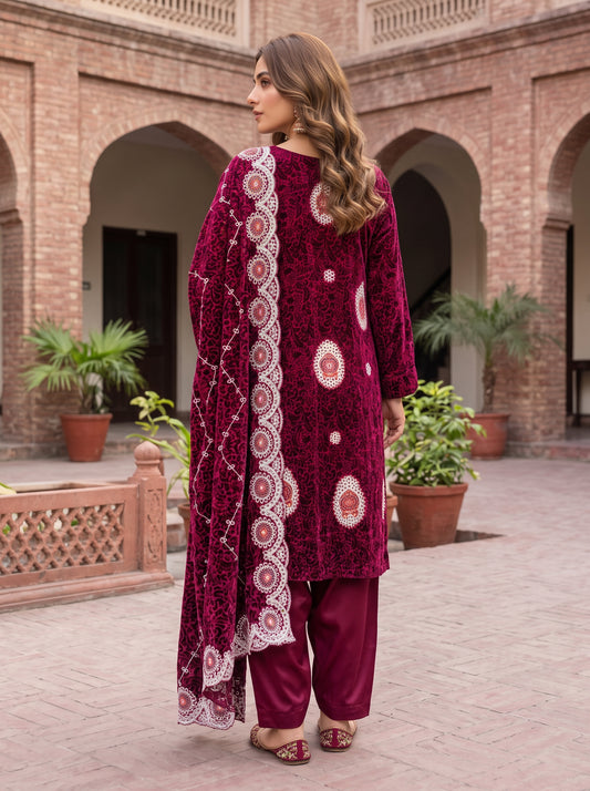 Burgundy Magenta Embroidered 3 Piece Unstitched Suit | Luxury Formal Wear