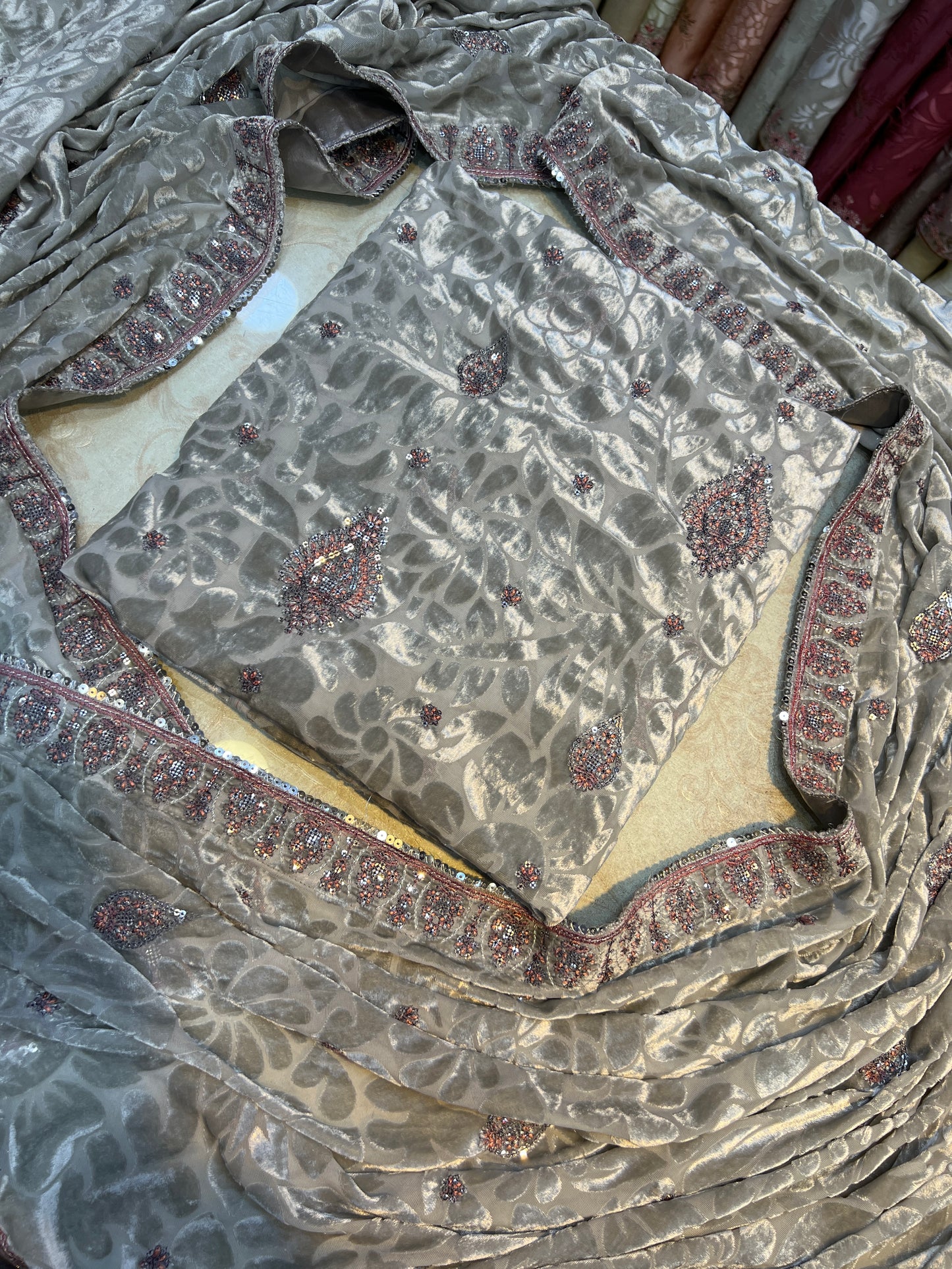 Pearl Silver Embroidered Palachi 3 Piece Unstitched Suit