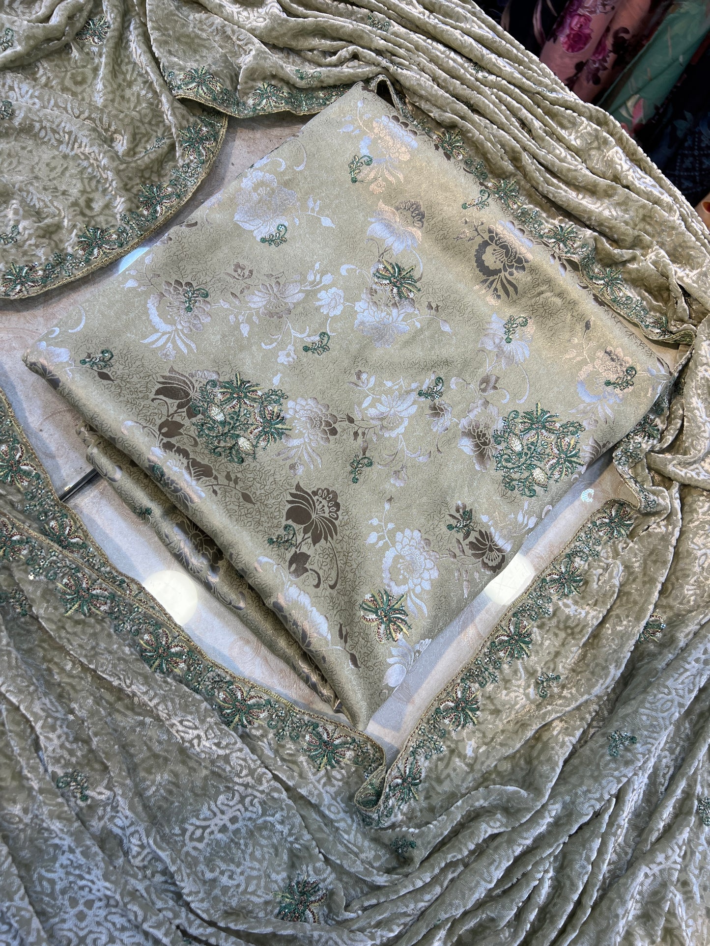 Mint Ivory Floral China Pati Silk 3 Piece Unstitched Suit