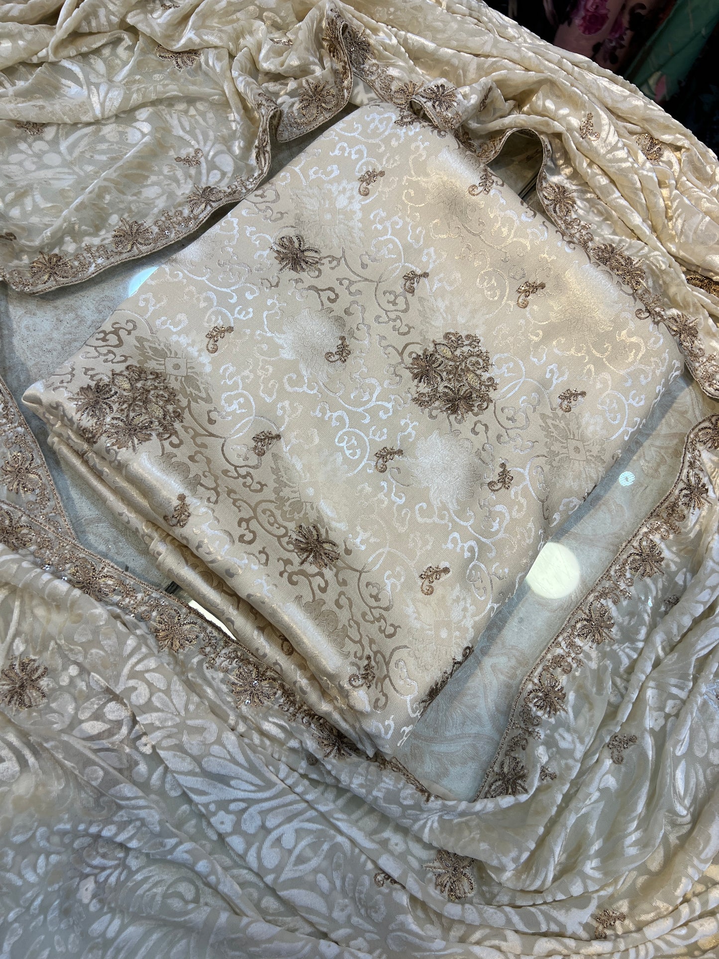Ivory & Champagne China Pati Silk 3 Piece Unstitched Suit