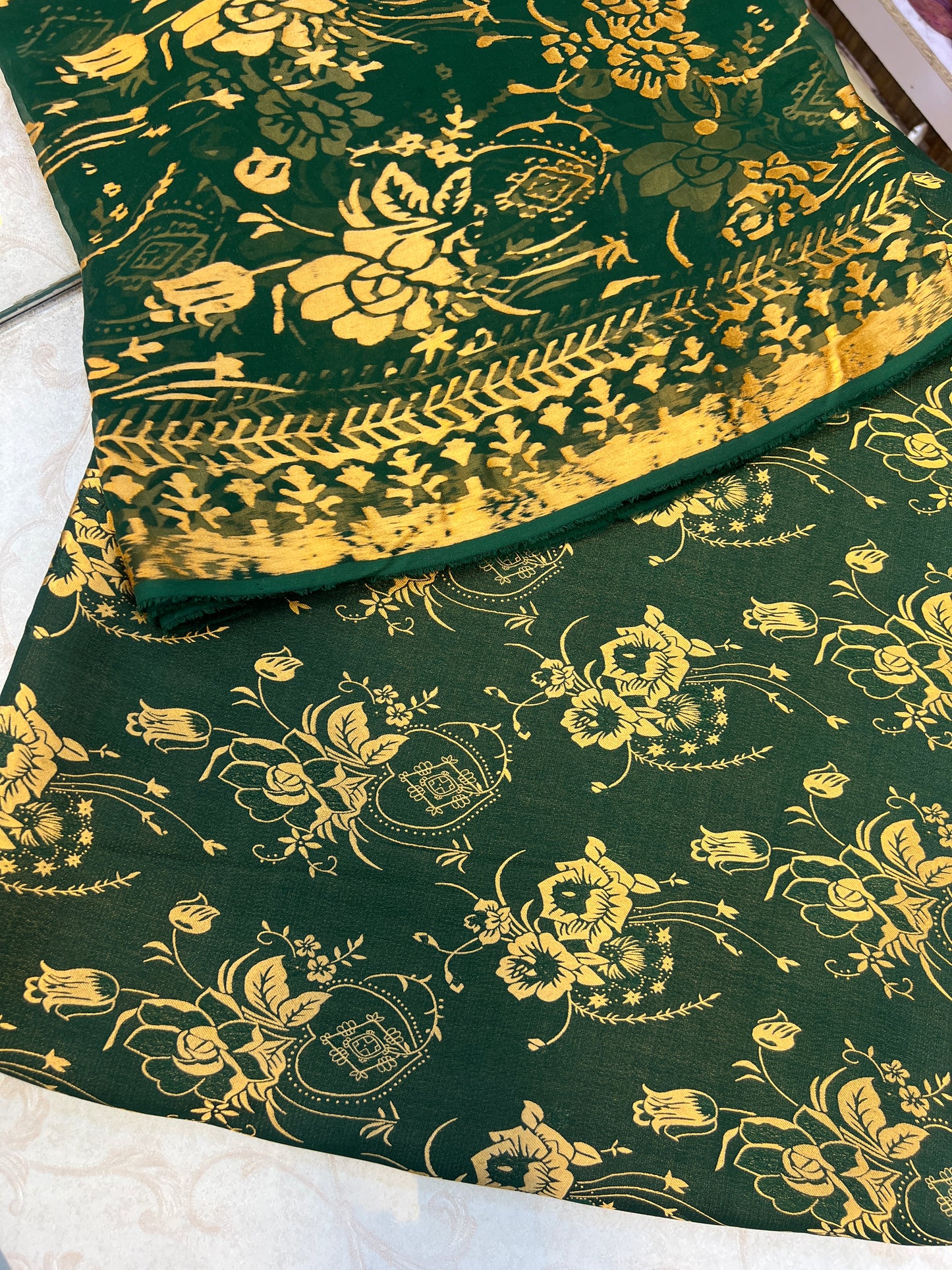 Emerald Green Gold Pure China Pati Silk 3 Piece Unstitched Suit