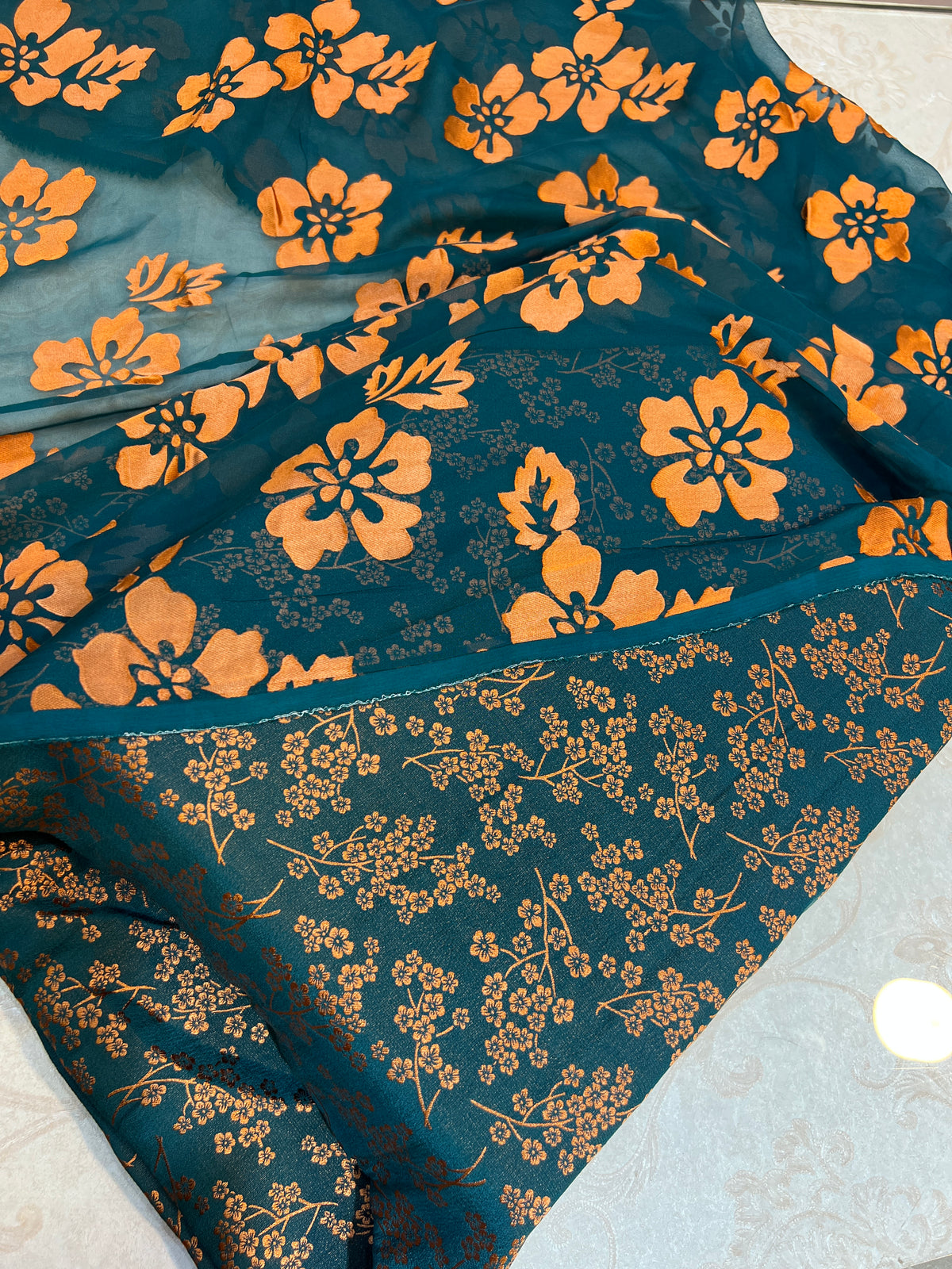 Deep Teal Pure China Patti Silk 3 Piece Unstitched Suit