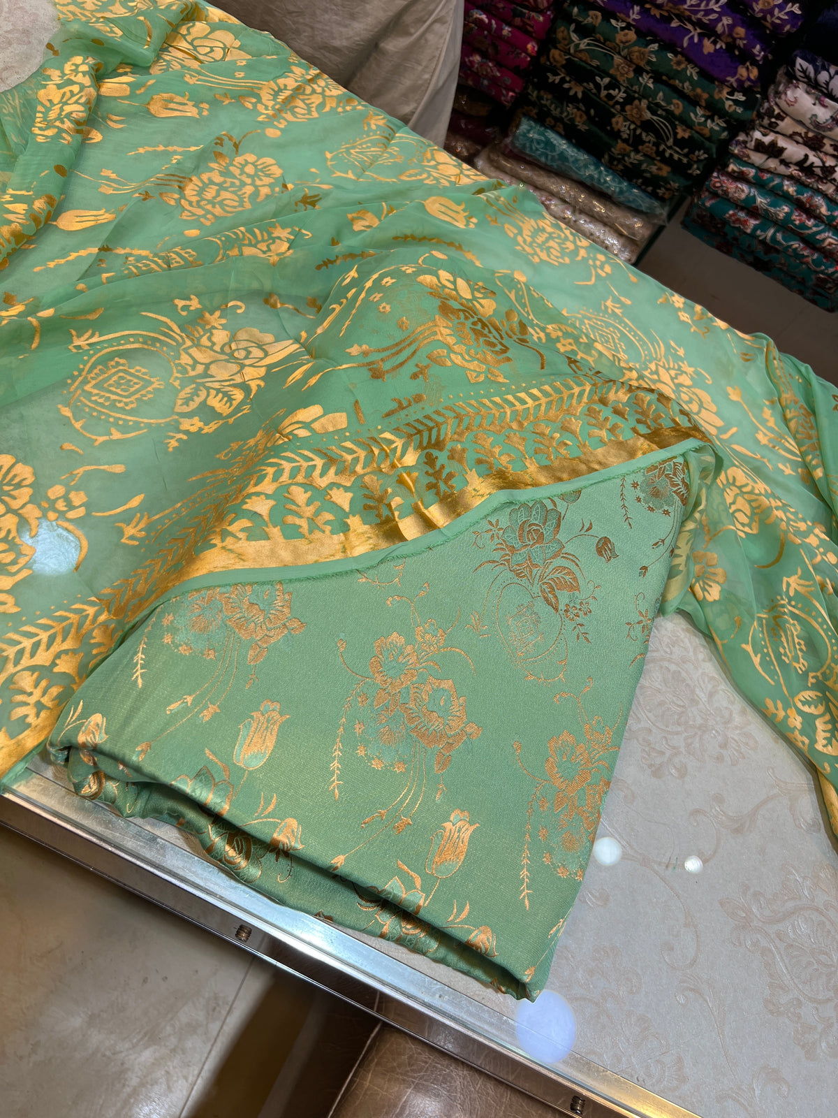 Mint Green Gold Pure China Patti Silk 3 Piece Unstitched Suit