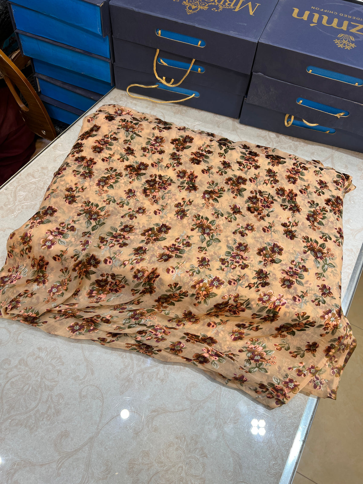 Peach Floral Barosha Silk 3-Piece Unstitched Suit | Sale