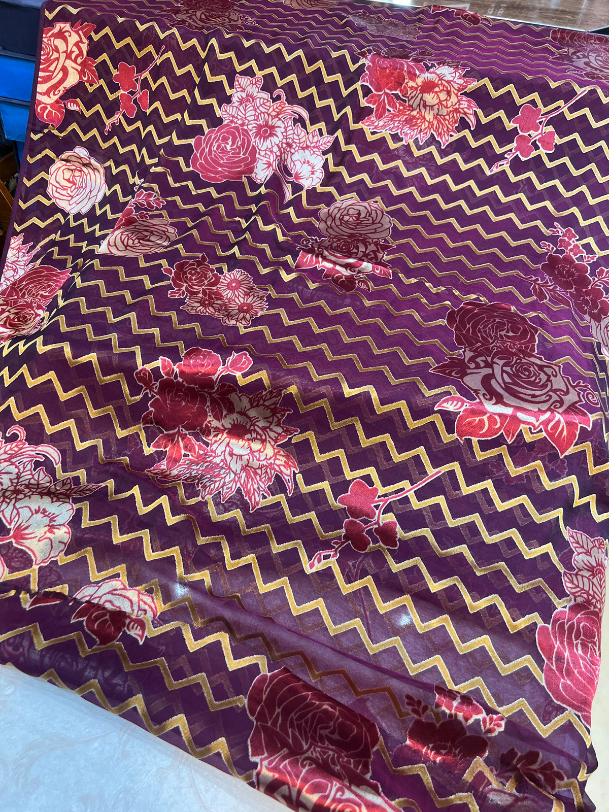 Purple Chevron Floral Barosha Silk 3-Piece Unstitched Suit | Sale