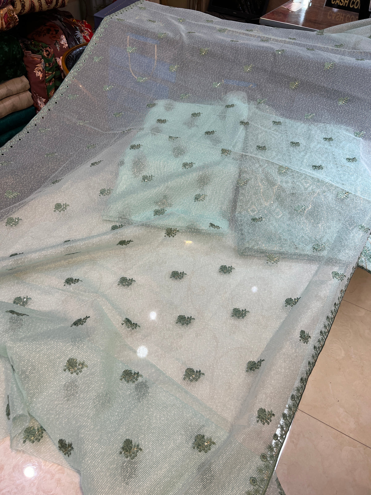 Elegant 3PC Zari Masuri Cotton Net Set with Silk Trouser