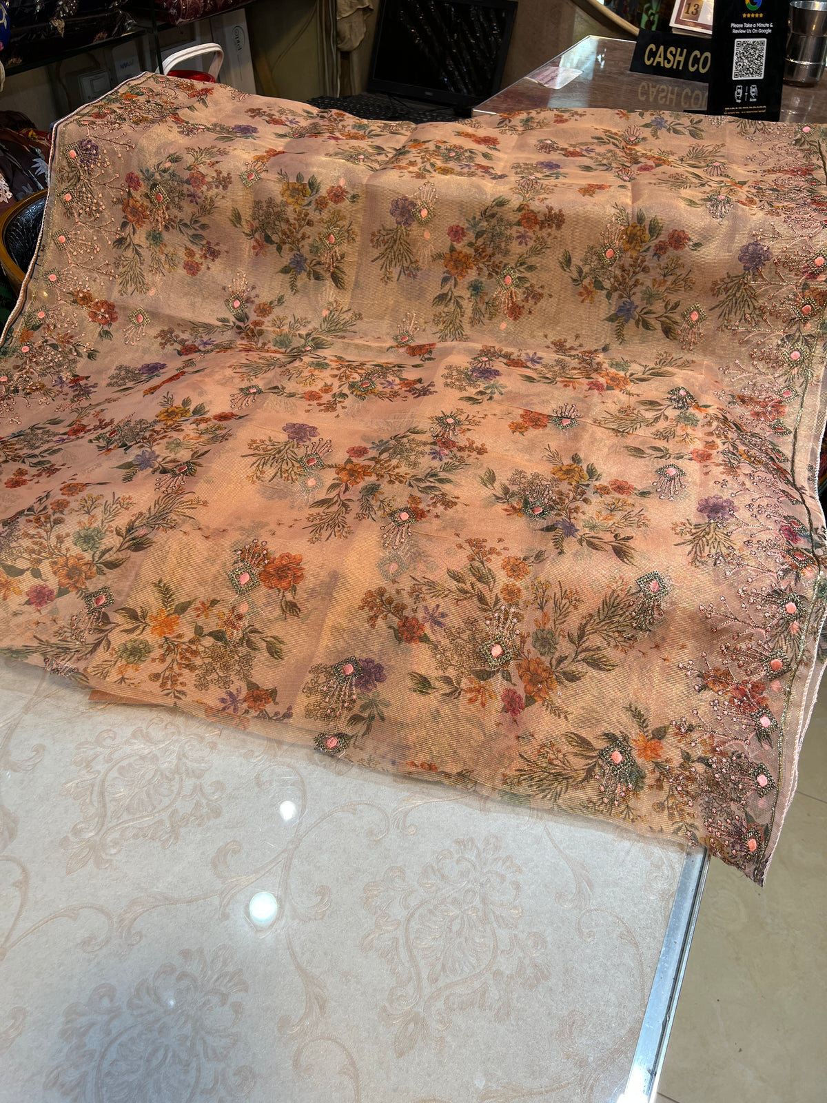 Traditional Unstitched Zari Masuri Cotton Net Suit – Maroon/Gold Accents