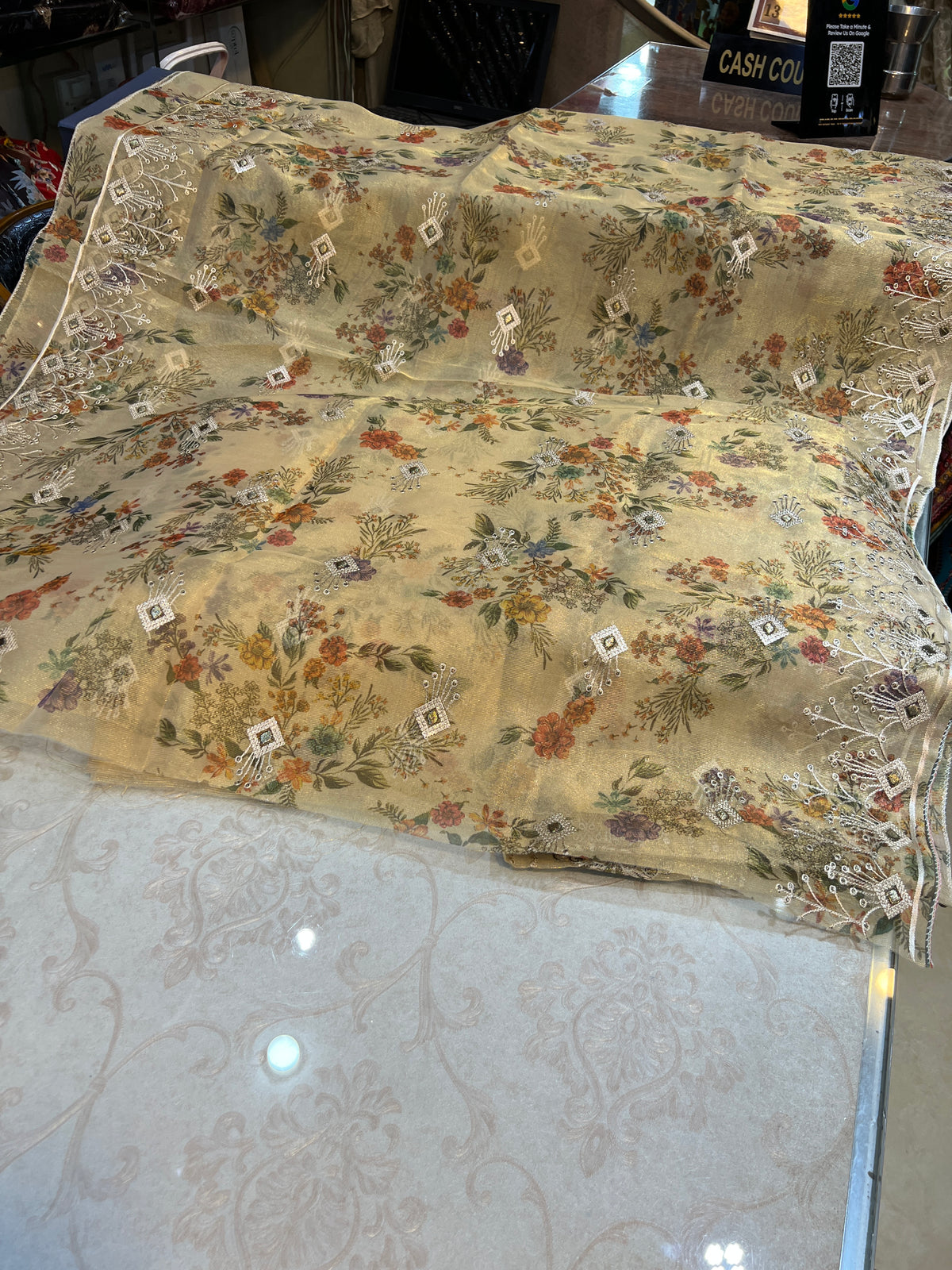 3 Piece Unstitched Zari Masuri Cotton Net Suit with Plain Silk Trouser