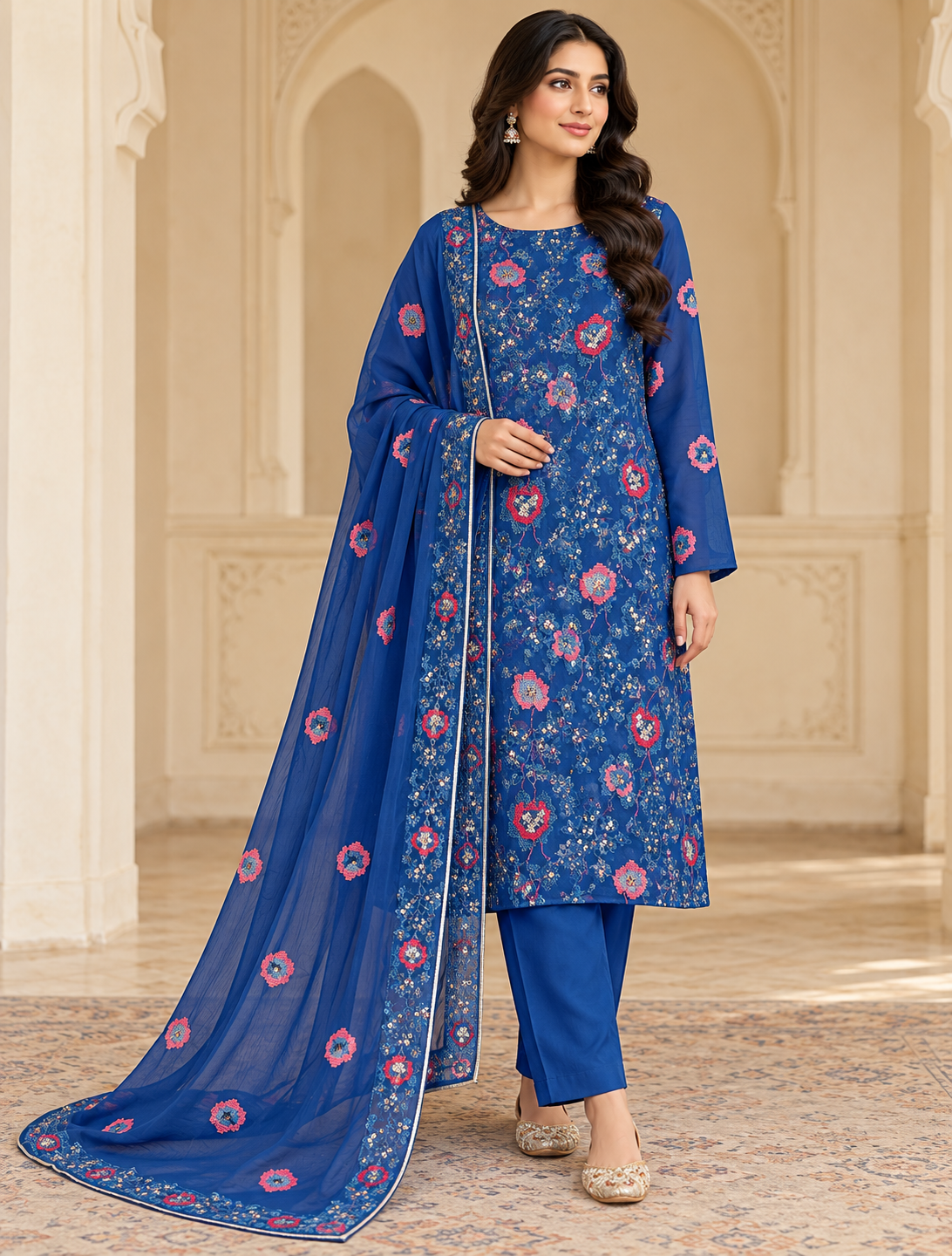 Royal Blue Floral Embroidered Chiffon 3 Piece Unstitched Suit
