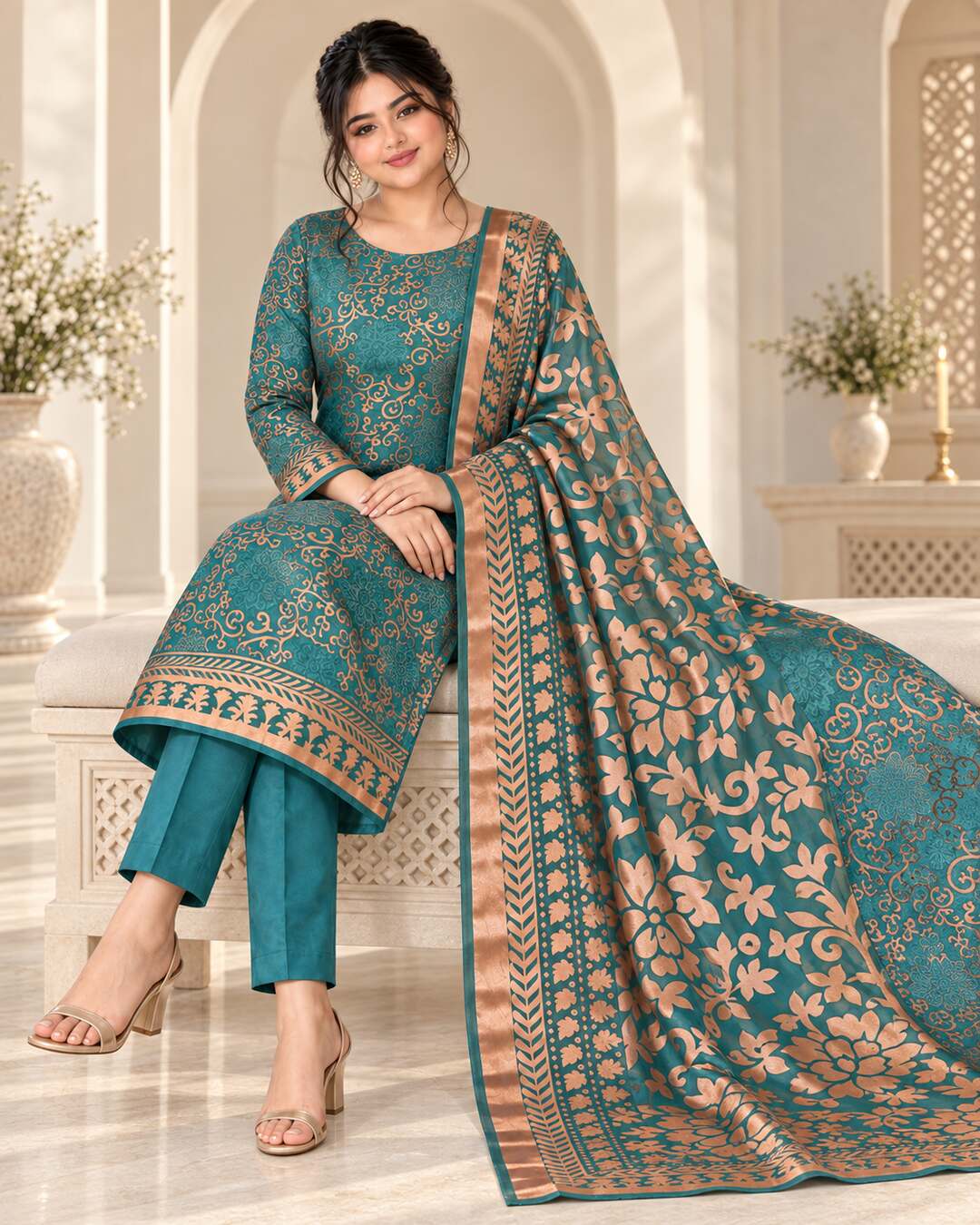 Peacock Teal China Pati suit seated view